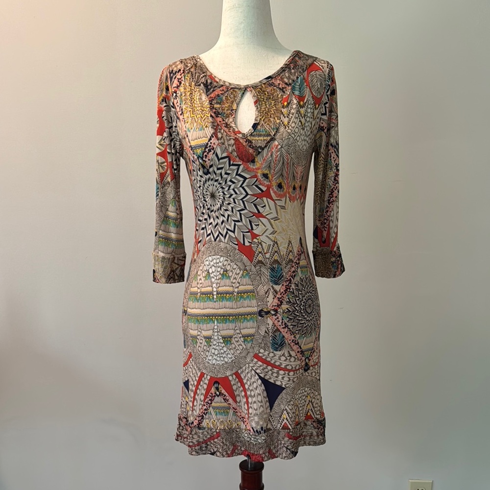Papillon Blanc Orange Red Sheath Dress 3/4 Sleeve